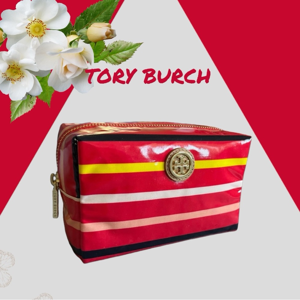 TORY BURCH NEW MAKEUP COSMETIC BAG BRIGITTE RED STRIPE ZIP gift